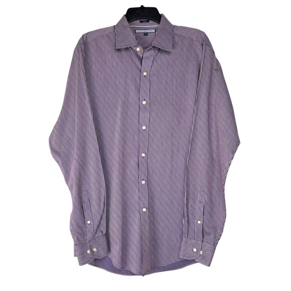 Tommy Hilfiger Men's 16 34/35 Slim Fit Purple Striped Dress Shirt Long Sleeve